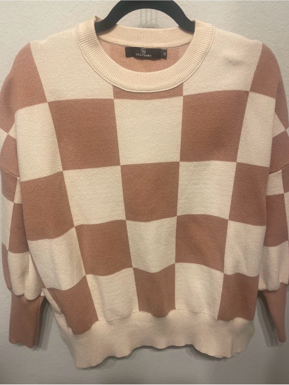 Lillusory Cream and Tan Checkerboard Crewneck Sweater